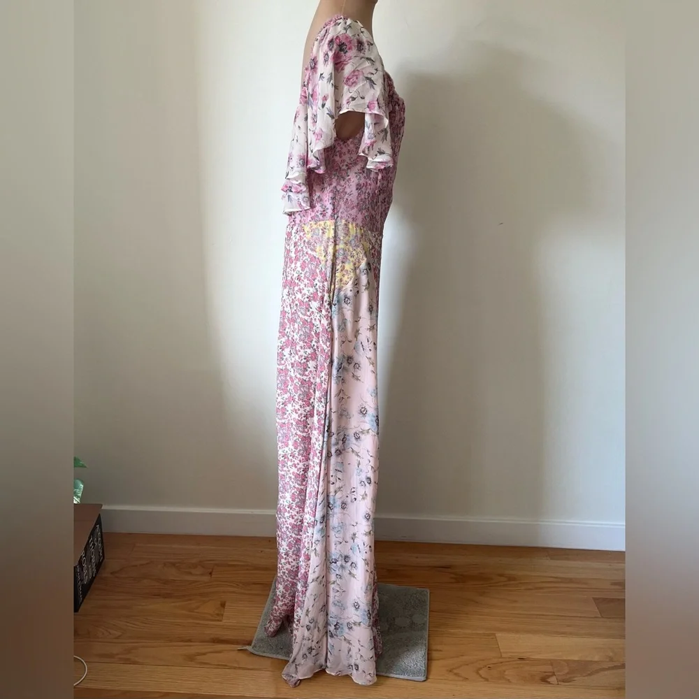 LoveShackFancy Evelyn Pink Multi Floral Maxi Silk Off the Shoulder Dress EUC 6 - Picture 7 of 11